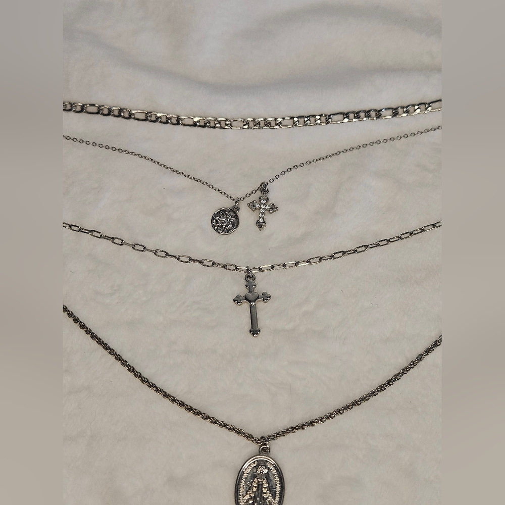 Silver Tone Layered Necklace with Religious Charms and Cross Pendants